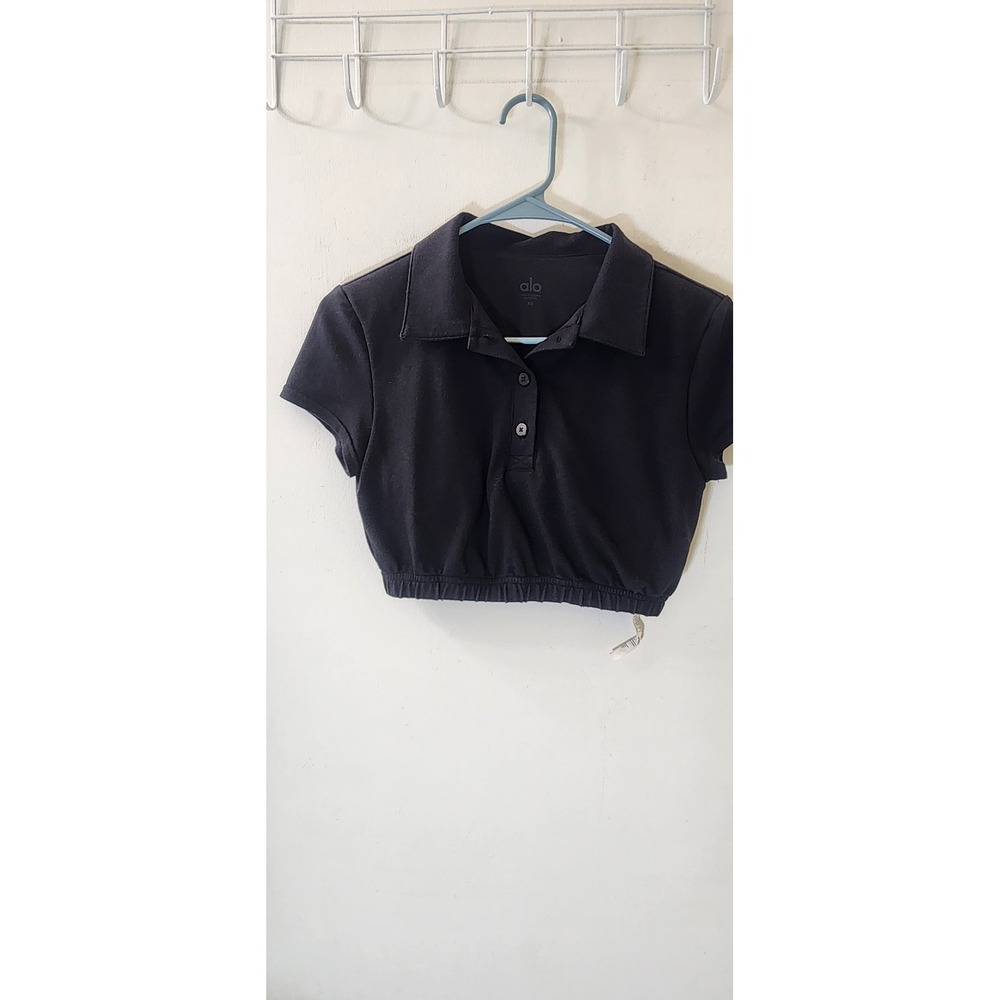 Alo Yoga Women Black Cropped Polo Shirt Elastic Hem‎ Short Sleeve XS